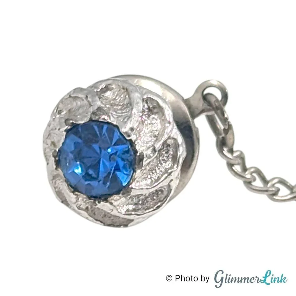 Vintage Swank Silver Tone Tie Pin Tack Blue Rhinestone Mid Century